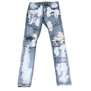 Crysp Denim Jeans New York Scribbles Moto Skinny Size 28 Blue Bleach Wash